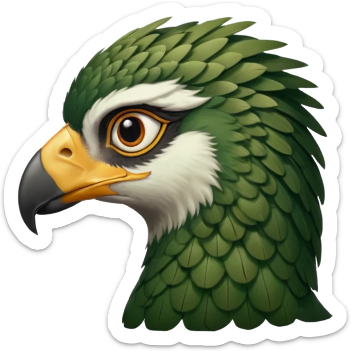 close up, zooming into the eye at the side profile of the face of a green hawk that is looking away from the camera sticker