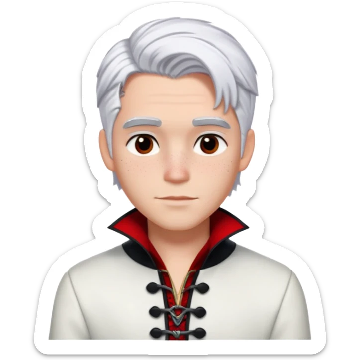 Carlos from Descendants, white hair with black roots, freckles, red black and white outfit sticker