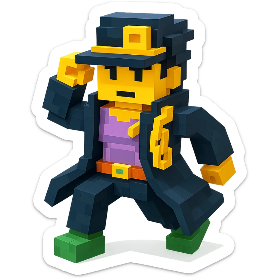 Jotaro Kujo from JoJo's Bizarre Adventure Season 3, as a LEGO minifigure, signature hat and coat, blocky LEGO style, dynamic stance sticker