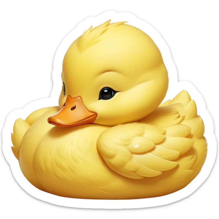 Meme-Worthy Cute Sleeping Yellow Baby Duck Portrait Emoji, Head resting peacefully with a contented smile, showcasing a delightfully tiny build and a luxuriously soft bright yellow downy coat, eyes shut in a serene, restful nap, Simplified yet hilariously adorable features, highly detailed, glowing with a soft, drowsy light, high shine, relaxed and utterly lovable, stylized with an air of playful laziness, bright and heartwarming, soft glowing outline, capturing the essence of a comically sleepy duckling, so meme-worthy it feels like it could instantly become the next viral sensation of adorable slumber! sticker