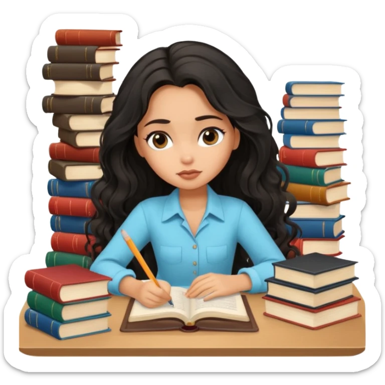 a pretty tan bratz girl with black wavy long hair studying. Pile of books on the table. No glasses. Looks tgired sticker