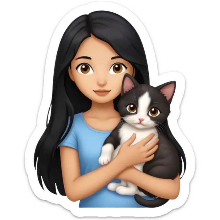 Beautiful girl with long black hair holding a cute kitten in her arms sticker
