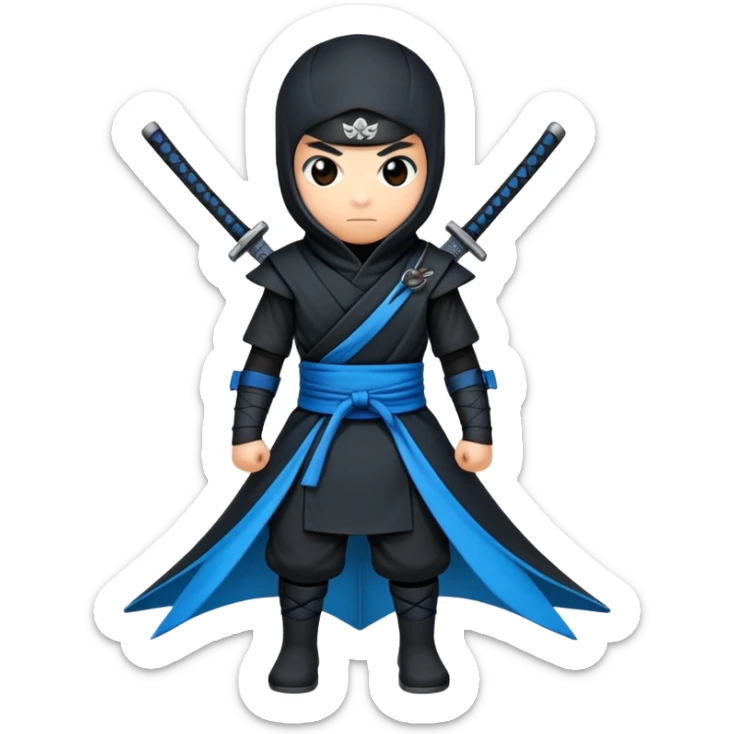 Crea un emoji para usar en WhatsApp con estos dos emoji 🥷🏻🦋.
Ninja vestido de negro con la piel blanca y una mariposa azul posada en su hombro izquierdo como si la mariposa estuviera volando en el hombre. sticker