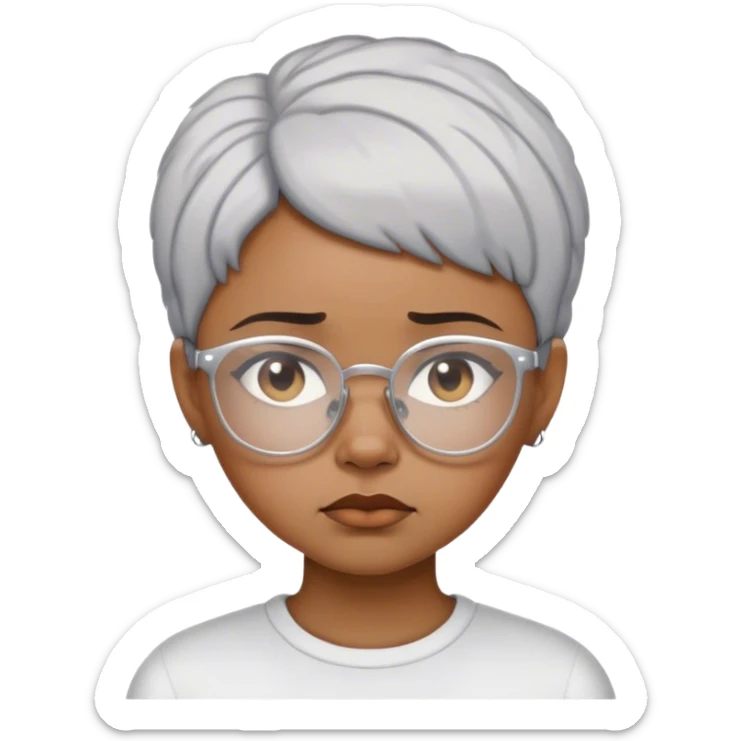 Light skinned Black girl with white glasses short natural gray haircut sad sticker