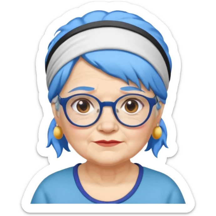fat old woman with blue hair and glassess and headband sticker