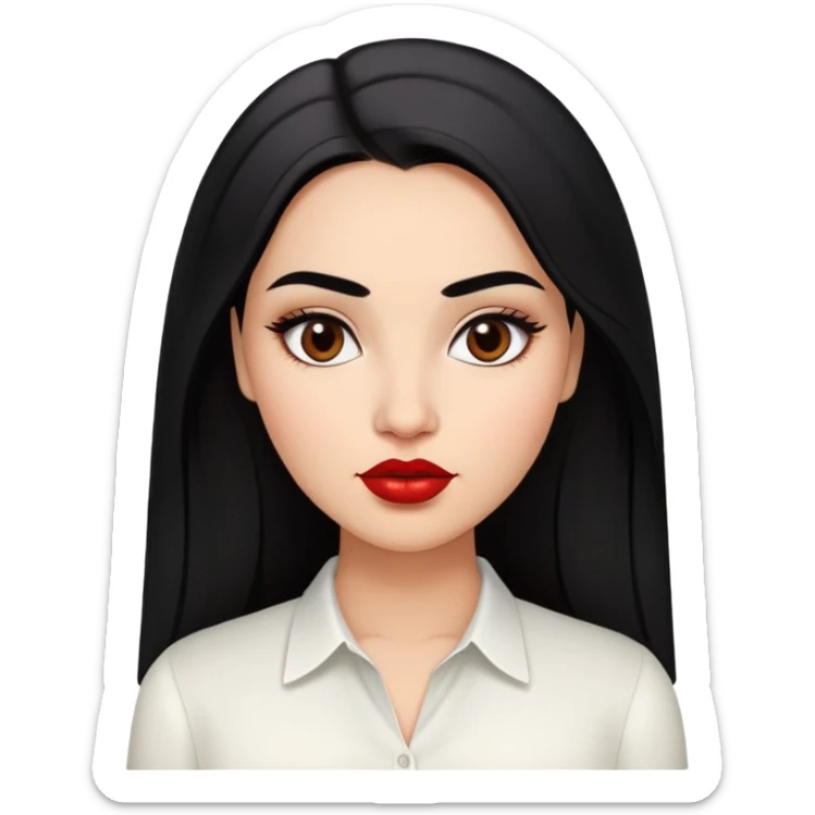 Young fuller-figured woman with oval face, high cheekbones, brown skin, dark brown eyes, thick eyebrows, red lipstick, long straight black hair, slightly plump, wearing a white blouse sticker