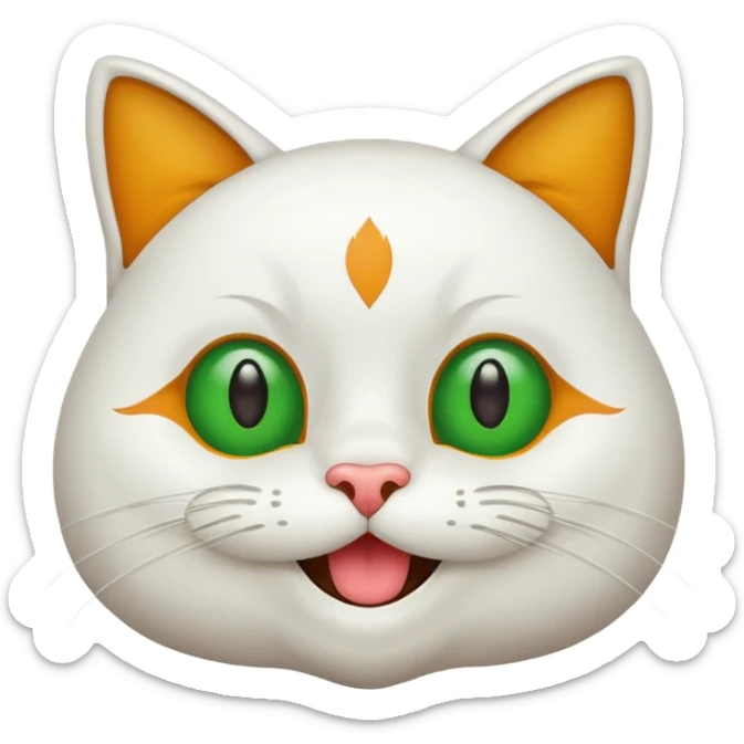 Realizar emoticonon de gato blanco con tonos gris claro solo carita sonriendo muy feliz ojos grandes de color verde con amarillos y bigotes largos  sticker