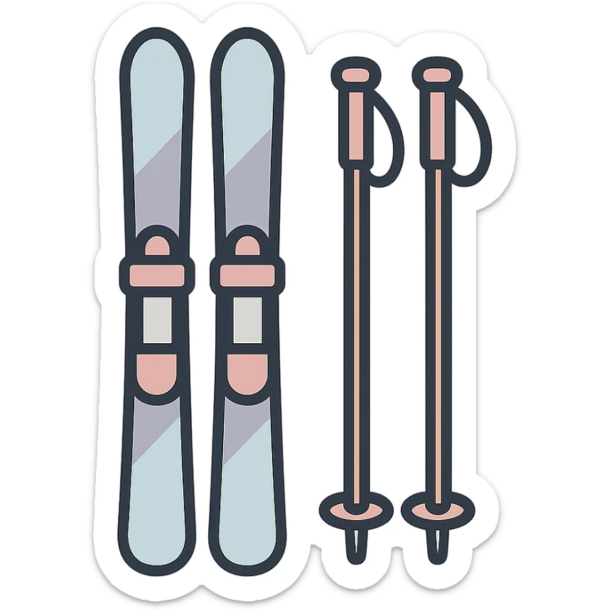 cross-country skis standing with poles leaning against skis, icon-color-outlined style, detailed shading, thin clean outlines, soft rounded features, pastel palette #98B5BC #B5B3C1 #C9A3C9 #E4C0CA #F7DCD1 #F7C0AA, Japanese pop art, sticker look, highly detailed, vector clarity, soft lighting, subtle shadows, transparent background sticker
