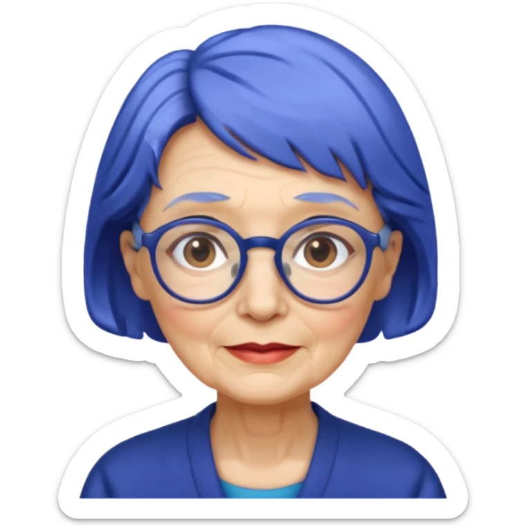 old lady with cobalt hair, wearing glasses, slight curl short hair, long face sticker