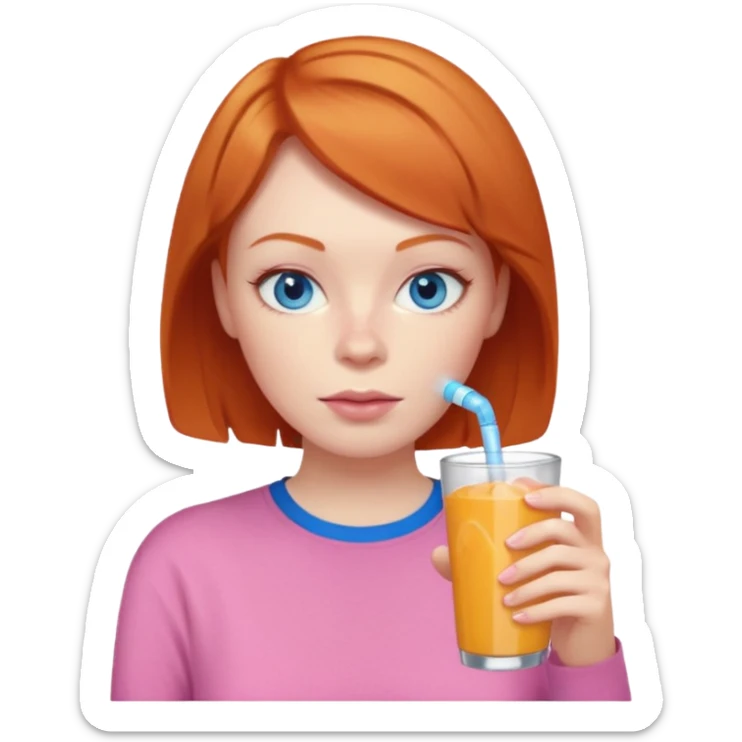 ginger woman short hair, pink shirt, sipping energy drink blue eyes cosy  sticker
