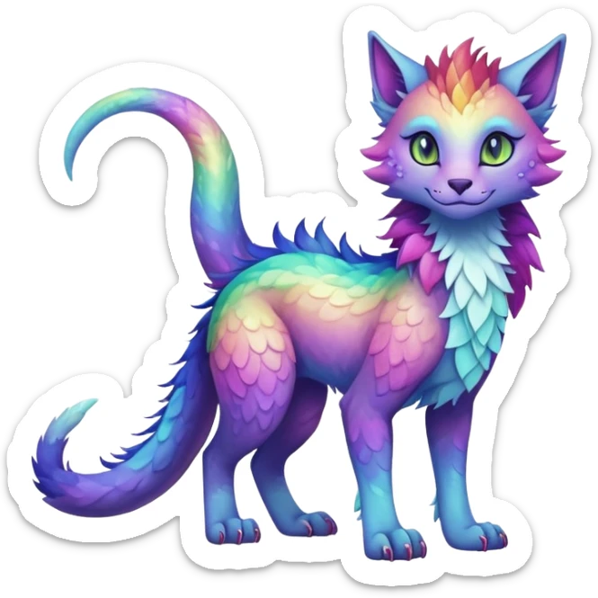 Kawaii dark rainbow iridescent fantasy ethereal feline-vernid-sergal-fursona animal creature with a tufted tail full body with intricate markings sticker