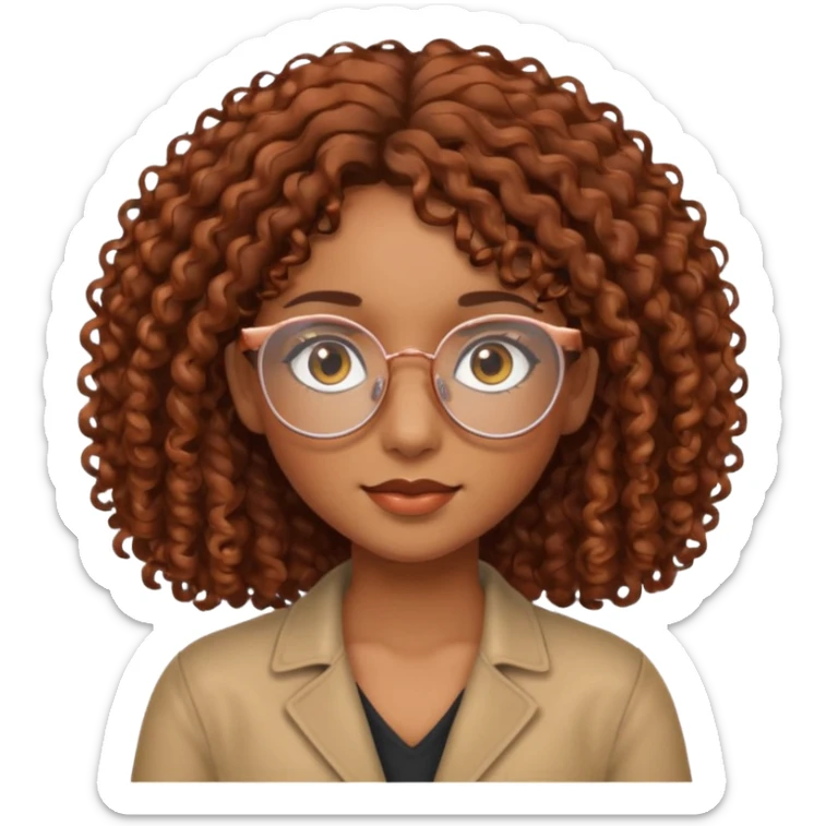 Brown-skinned girl with brown eyes and shoulder-length curly hair with copper glasses sticker