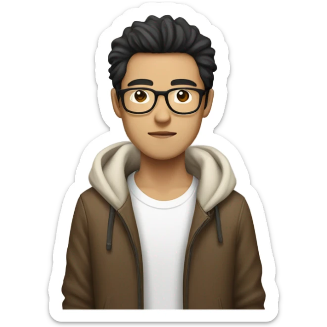 Skinny Asian man, Dark fluffy hair with middle part , round glasses , white tshirt with brown jacket sticker