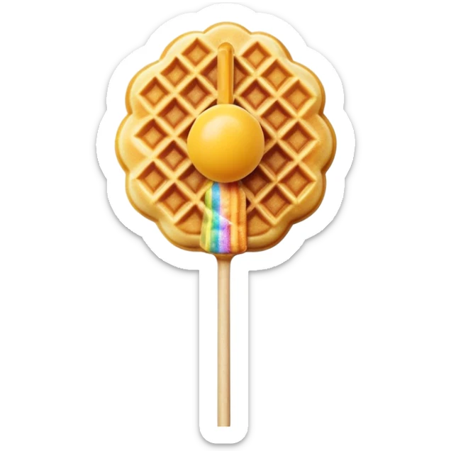 3D rendered Hong Kong egg waffle on stick like lollipop, vibrant golden color with rainbow sprinkles, hyper-realistic bubbled texture, glossy candy finish, fun playful design, detailed textures sticker