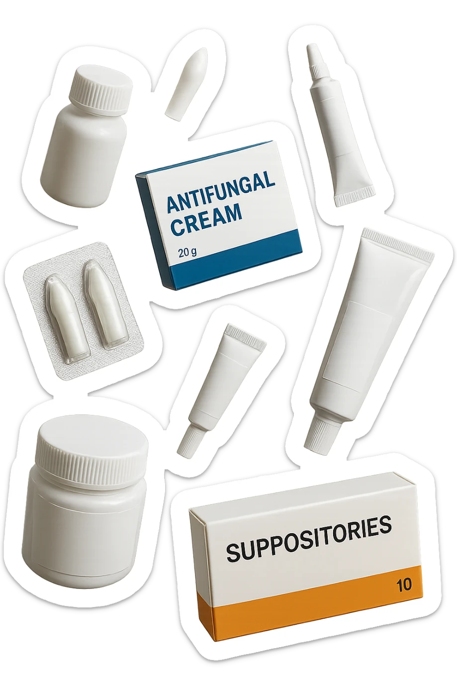 boccette di farmaci fluttuano in aria: creme, ovuli o antimicotici, IPERREALISTICO 4K sticker