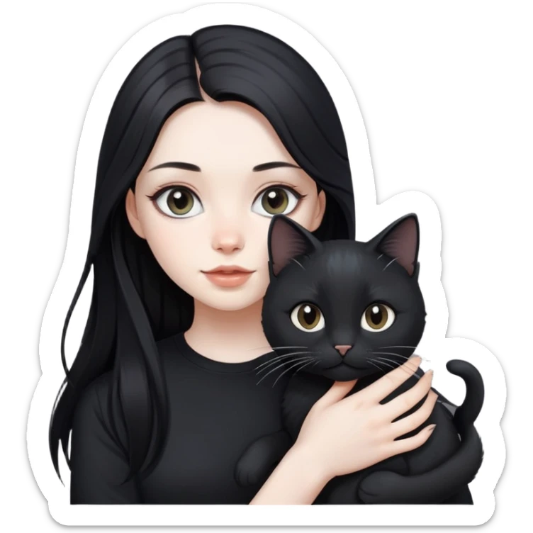 beautiful girl with long black hair wearing a black shirt holding a silver-colored cat sticker