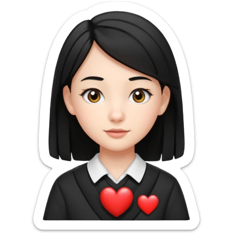 create an i phone emoji of a young 8th grade school girl, with fair skin, heart shape face, has medium length straight black hair and with hoops earrings. sticker