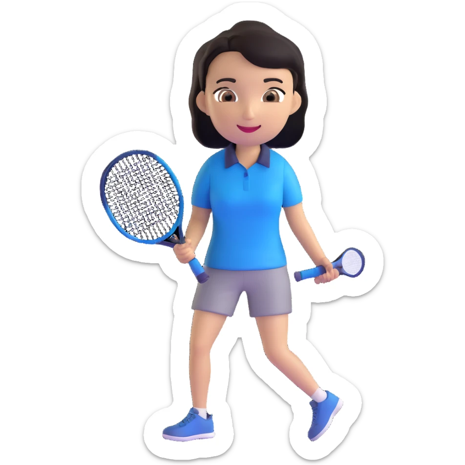 light brown skinned tennis coach, short straight black hair with widow's peak, oval face, small eyes, smiling, holding blue Yonex racket, wearing navy blue dry fit shirt sticker