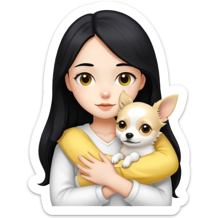 Fair skin girl - long black hair - white clothes - hugging a black, yellow and white Chihuahua sticker