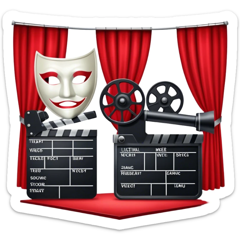 Icon for Acting in Theatre: a stage with curtains, a theater mask, a film camera, and a clapperboard. The design should represent theatrical performance and acting techniques. Transparent background. sticker
