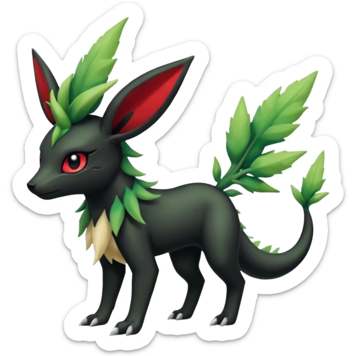 Dark Edgy Shaymin-Salandit-Leafeon-Umbreon-Fakémon-hybrid-creature (full body)  sticker