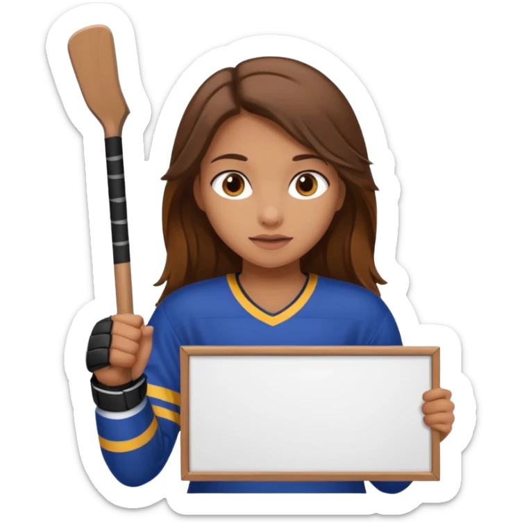 Girl sharks hockey fan with brown long hair holding a large blank sign sticker
