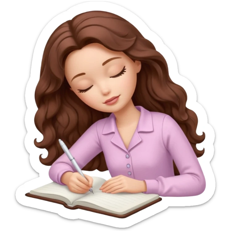 White Barbie girl dark Chestnut bob wavy hair sleeping with In pale creamy color clothes, he writes in a notebook sticker