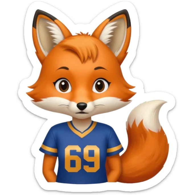 A cute girl fox with a bushy tail wearing a LA Rams shirt - with the number 69 on it sticker