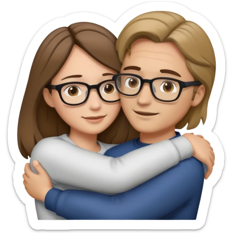 A woman with brown shoulder-length hair is hugging a man with dark blond hair and glasses sticker