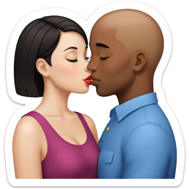 black bald man kissing white woman with short dark hair, emoji style sticker