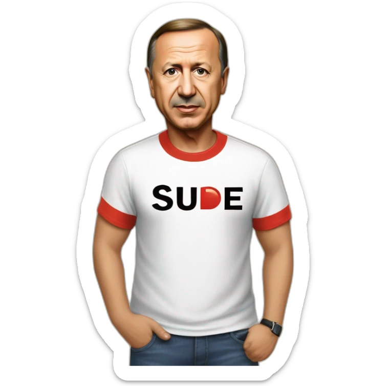 Recep Tayyip Erdoğan wears a T-shirt with the word Sude on it sticker