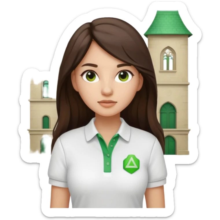 architect woman light skinned dark brown hair in WHITE POLO, long hair but then wearing proper architeture attire green touch of colors sticker