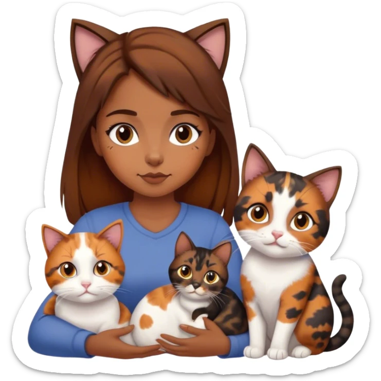 Girl brown hair with two cats one calico and one turtleshend, brown Colors and cute  sticker