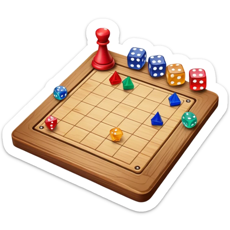 A photorealistic icon featuring a wooden board with a variety of game pieces, dice, a spinning top, and a set of colorful tokens. The design includes a rich, detailed texture of the board and game pieces, capturing the fun and strategy of different tabletop games. Transparent background. sticker