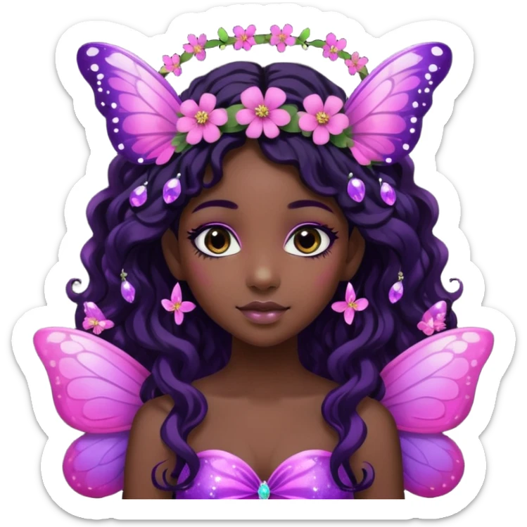 Black girl fairy with long wavy black hair, pink and purple red butterfly wings sparkly sticker