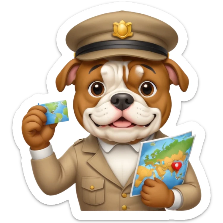 english bulldog as a cheerful tour guide, wearing a hat and holding a map sticker
