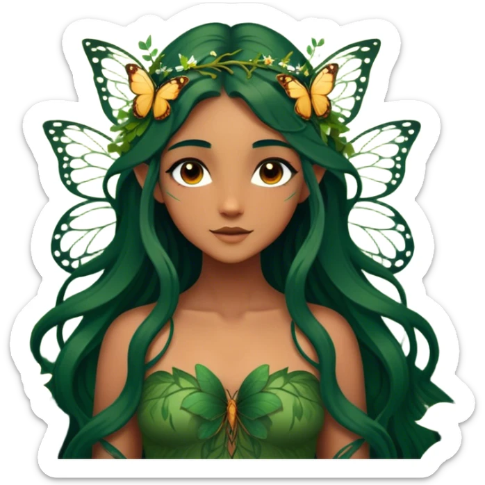 Cinematic Realistic Forest Fairy Portrait, depicted with lifelike, sun-kissed tanned skin that radiates an earthy glow, softly illuminated by natural, dappled light. Her long, flowing dark green hair is intricately detailed and interwoven with delicate vines and wildflowers, while her deep, soulful eyes mirror the wisdom of the forest. Dressed in an attire inspired by nature’s palette—with subtle botanical motifs—the portrait exudes a soft, enchanted glow that melds realism with woodland magic showing her large butterfly wings from her back. sticker
