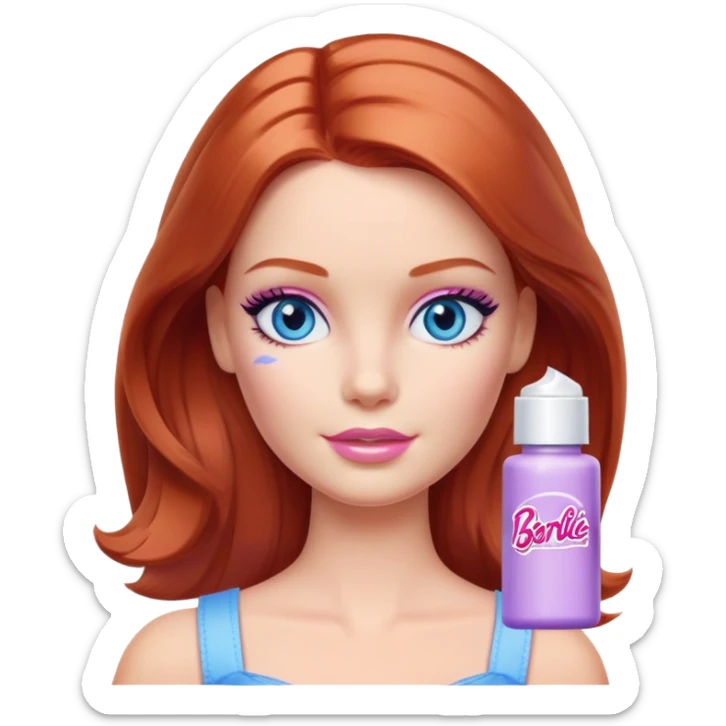 Barbie girl Chestnut-red Shoulder-length hair and blue eyes is In pale purple smears by hand cosmetic cream on her face sticker