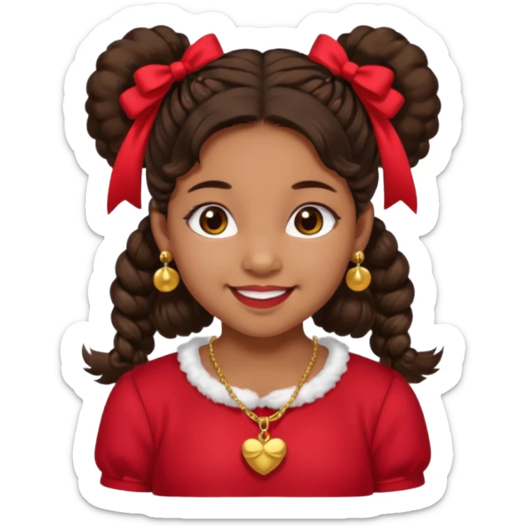 Brownskin girl dark brown hair fluffy. pigtails with red bows brown eyes smiling closed mouth red shirt gold esrrings gold necklace sticker