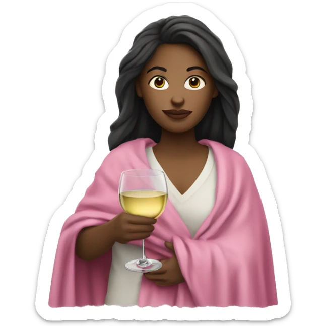 white girl with dark hair a glass of white wine wearing a pink shirt and wrapped in blanket sticker