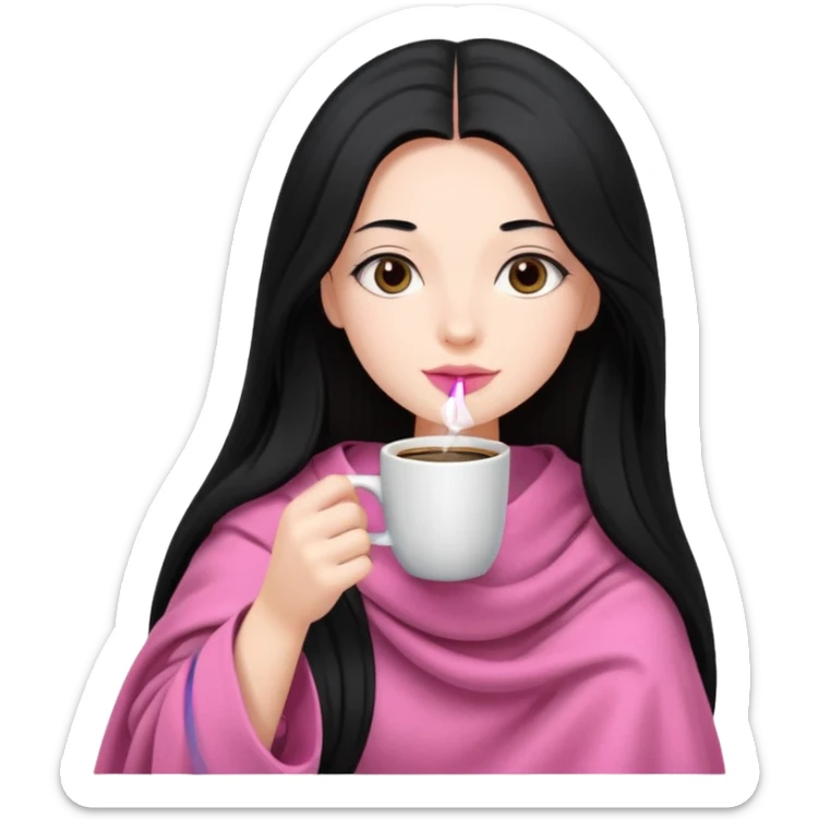 pretty girl with very long black hair, holding a pink blanket, sipping coffee sticker