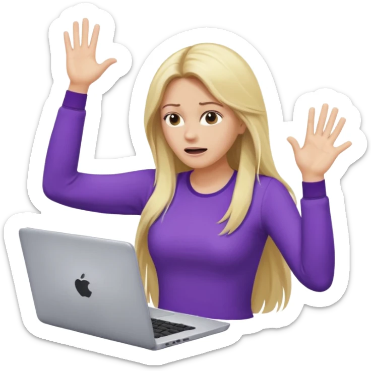 lady with long blonde hair, purple top throwing her with a laptop hands in the air saying why sticker