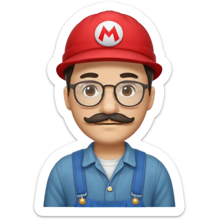 person with glasses, short dark hair, mustache and beard, in red hat and overalls like Mario sticker