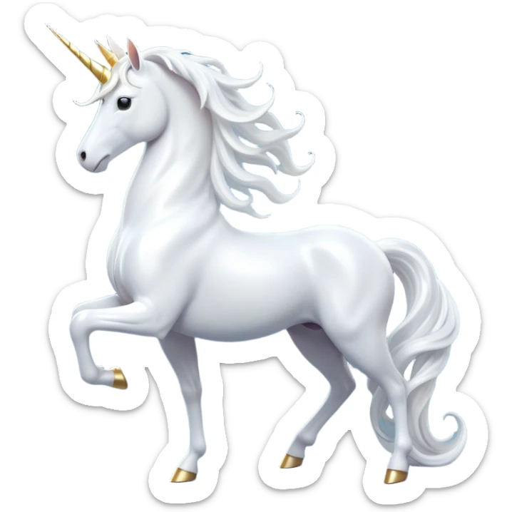 cinematic-beautiful-white-unicorn-full body-emoji,-poised-and-regal,-with-a-slender,-ethereal-form-draped-in-a-pristine-white-color,-a-flowing-mane-and-tail,-and-a-glistening,-spiraled-horn-that-radiates-pure-light,-simplified-yet-sharp-and-majestic, zoomed out to show a majestic unicorn sticker