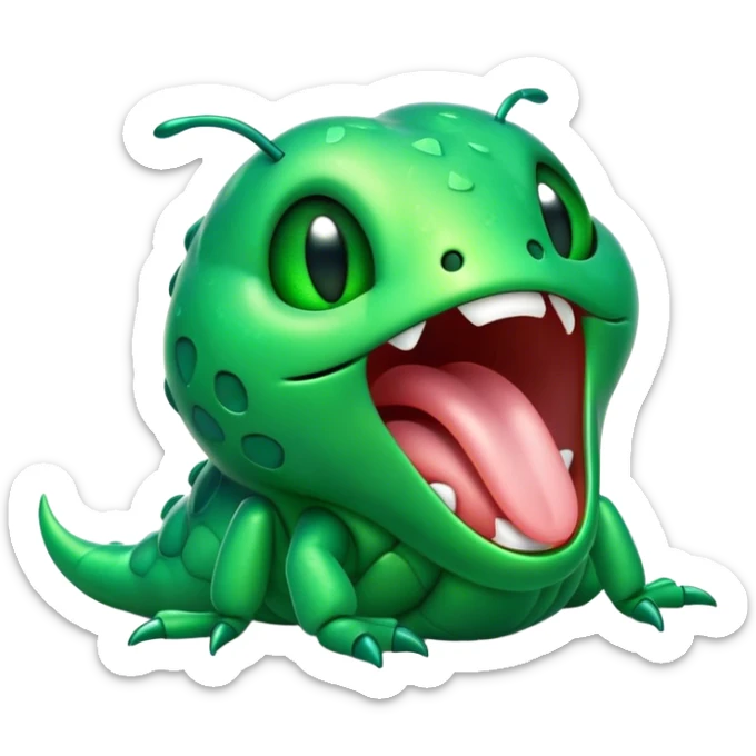 Cinematic Cute Yawning Green Bugdie Portrait Emoji, Head tilted slightly with a dramatic, wide-open yawn, showcasing a smooth, vibrant emerald exoskeleton with delicate patterns and tiny drooping antennae, round multifaceted eyes barely open in drowsy contentment, Simplified yet irresistibly adorable features, highly detailed, glowing with a soft, cozy glow, high shine, relaxed yet expressive, stylized with a touch of whimsy, bright and endearing, soft glowing outline, capturing the essence of a sleepy yet endearing insect, so drowsy it feels like it could stretch out of the screen and curl up for a nap! sticker