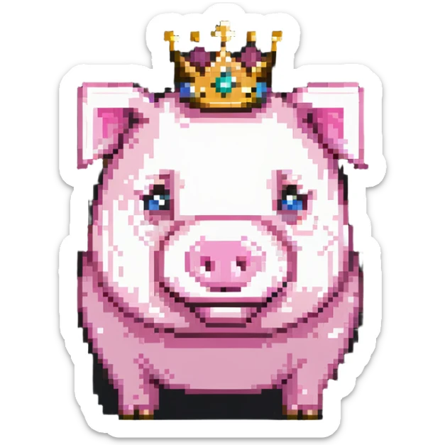 Minecraft pig full body pink blocky animal with square head wearing a crown sticker