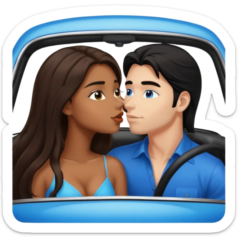 Brown sexy girl with brown eyes long brown hair and sexy white man with black hair blue eyes kissing in car sticker