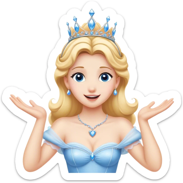 Cinematic Playful Cinderella Portrait Emoji, Blushing with excitement, hands clasped near her heart, eyes wide with anticipation, her tiara slightly askew from an unexpected twirl, a radiant princess caught in a moment of joy, utterly captivating! sticker