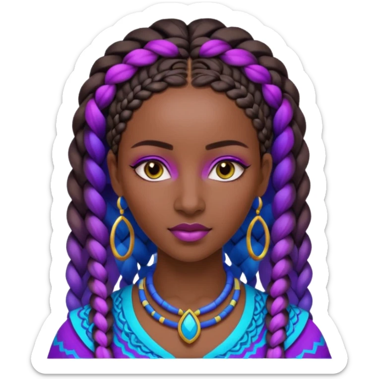 Create me an emoji of a beautiful Ethiopian Queen of Sheba with amazing braids wearing a neon purple and blue gradient African patterns. sticker