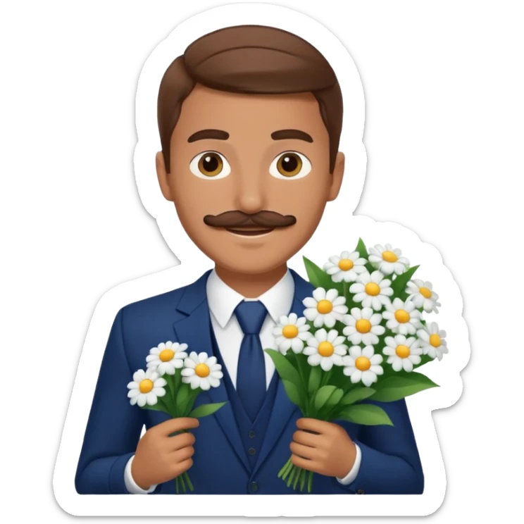 homme âgé 23 ans brun bronzé en costume bleu foncé souriant avec moustache portant un bouquet fleurs blanche  sticker